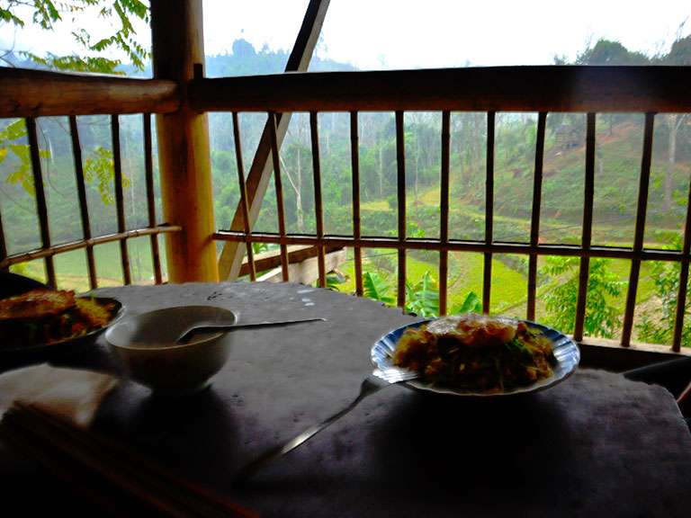 Breakfast overlooking terraced rice fields